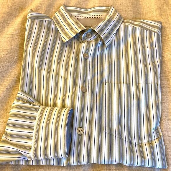 Tommy Bahama Denim Green/White Stripe Long Sleeve Button Down Cotton Shirt. - Picture 1 of 9